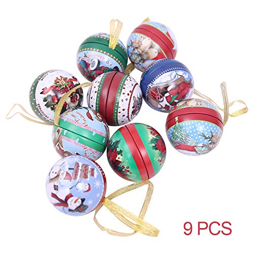 ElementDigital 9Pcs Tinplate Round Ball Boxes Creative Christmas Shatterproof Tree Candy Iron Balls Pendant, Xmas Detachable Candy Box Hanging Ornament Seasonal Decorations Kid's Holiday Surprise Gift