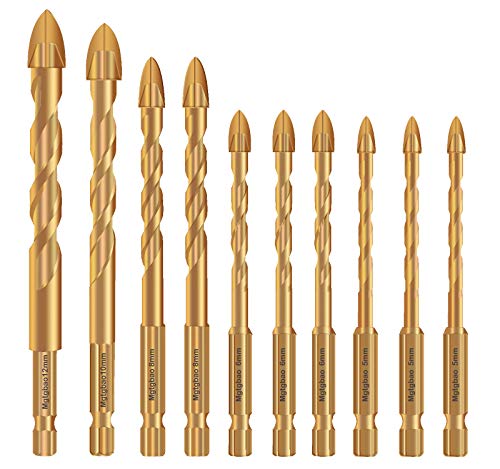 10PC Golden Masonry Drill Bits, Mgtgbao Concrete Drill Bit Set for Tile,Brick, Plastic and Wood,Tungsten Carbide Tip Best for Wall Mirror and Ceramic Tile on Concrete and Brick Wall