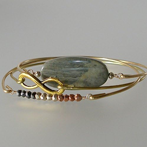 Boho Chic Bangle Bracelet Set of 3 - Silver Mist Jasper, Pyrite, and Infinity Bangles - G