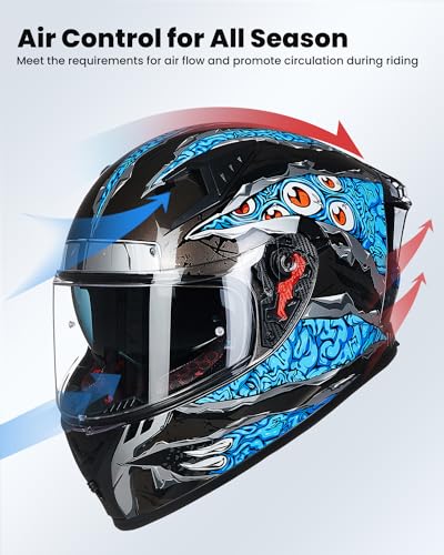 ILM Full Face Motorcycle Helmet for Men and Women – Motorcycle Helmet with 2 Visors Compatible with Pinlock Transparent and Coloured – Motocross Street Bike Helmet ECE Model Z501, Manta Blue, S