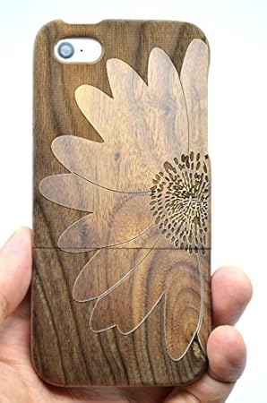RoseFlower® Luxus Holz Schutzhülle für iPhone SE/iPhone 5S / iPhone 5 (10,2 cm (4 Zoll) - Walnuss Sonnenblume - Natürliche Ha