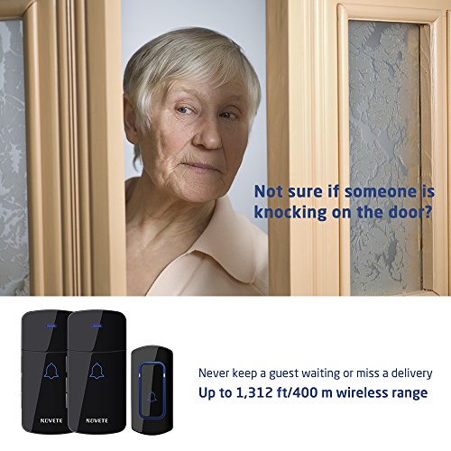 Wireless Doorbell Kit, NOVETE Waterproof Door Chime Kit Operating at Over 1300 Feet, Door Bell with Two Plug-in Receivers, LED Indicators, 52 Melodies, Memory Function, Easy Set Up for Home and Office