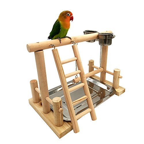 Borange Parrots Playstand Bird Playground Wood Perch Training Stand Cockatiel Playpen Ladders Birds Swing Wood Gym Tabletop with Feeder Cups Toys Exercise Play (Design A)