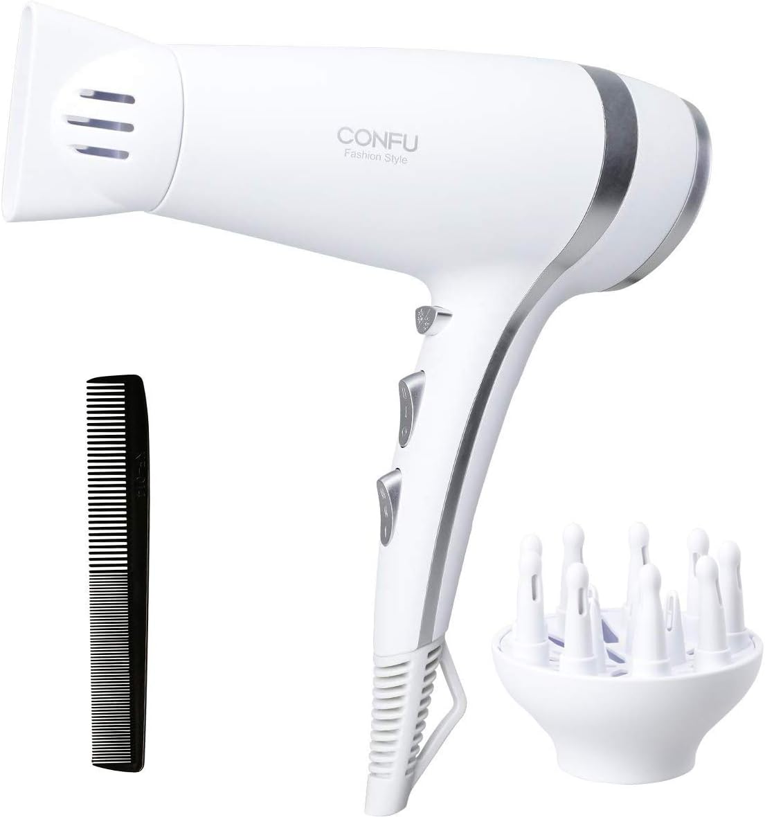 Lightweight Professional Ionic Hair Dryer CONFU 1875W Fast Drying Blow Dryer with 2 Speed 3 Heat Cool Setting Nozzle Diffuser Hairdryers ETL Certified White