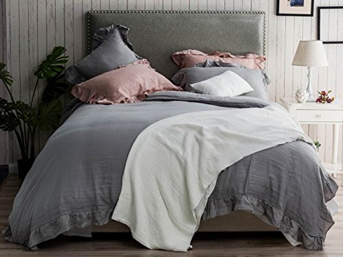 meadow park Stone Washed French Linen Duvet Cover Set 3 Pieces - Super Soft, King Size - 104 inches x 94 inches - Shams 20 inches x 36 inches, Ruffled Style - Button Closure - Corner Ties, Grey Color