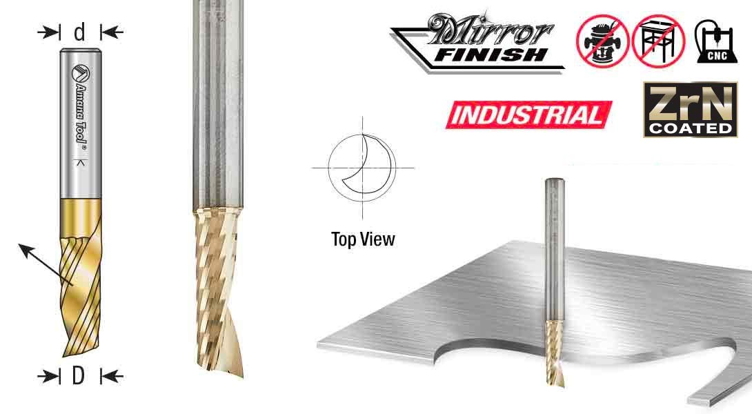 Amana Tool 51479-Z SC Spiral O Single Flute ZrN Coated Aluminum Cutting 1/4 D x 3/8 CH x 1/4 SHK x 2 Inch Long Up-Cut Router Bit withMirror Finish - Image 3