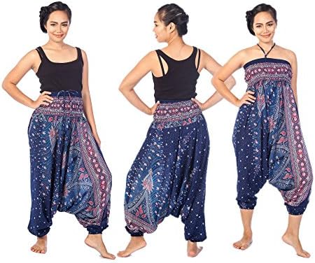 SEEKABHA Thai Harem Trousers Boho Hippy Smock Waist Elephant Yoga Pants (Peacock Blue)