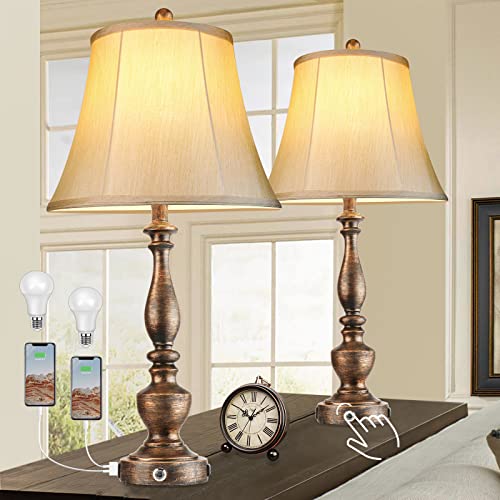 Touch Rustic Farmhouse Bedside Table Lamps Set of 2 for Living Room