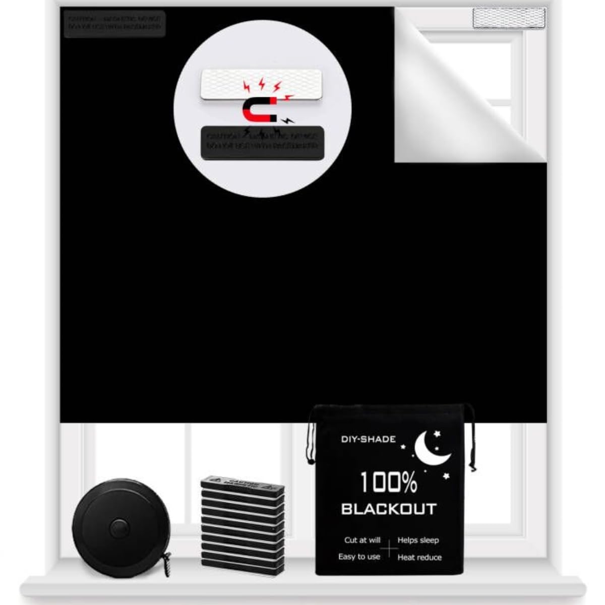 Photo 1 of 100% Blackout Blind Magnetic Window Cover 118 x 57Inch,No Drill,Cut Any Size/Shape,Portable Black Out Shades Curtains for Nursery Bedroom,Rv,Media Room with Magnetic Closure