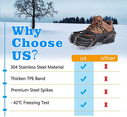 Vodche Crampons Ice Cleats Traction Snow Grips for Boots Shoes Anti-Slip 19 Spikes Stainless Steel Spikes Microspikes Safe Protect for Walking, Jogging, Climbing and Hiking (Black,M)