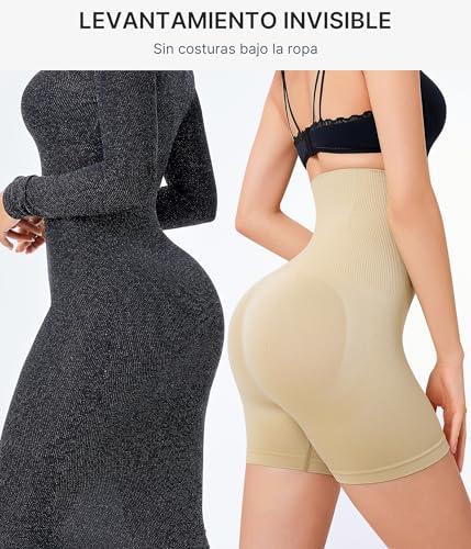 KUMAYES Short Licra de Cintura Alta, Boxer Sin Costuras para Mujer, Ropa Interior Control de Abdomen, Calzon Postparto Suave Levanta Glúteos, Transpirable