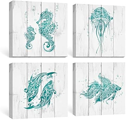 sumgar bathroom wall art beach canvas paintings blue ocean pictures rustic coastal decor turquoise prints teal starfish seahorse artwork set of 4