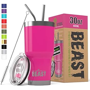 BEAST 30 oz Tumbler Stainless Steel Insulated Coffee Cup with Lid, 2 Straws, Brush & Gift Box by Greens Steel (30oz, Cup Cake Pink)
