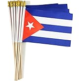 QQSD Cuba Small Flag Cuban Stick Mini Hand Held Flags - Solid Wooden Pole with Spear Top, 12 Pack
