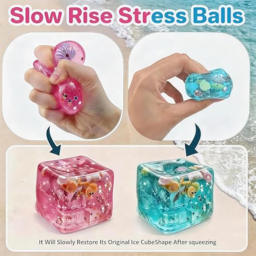 4 Pack Ice Cube Squishy Stress Ball–Soft Dough Squishy Fidget Toys,Mini Colorful Sensory Squeeze Cubes for Relaxation&Focus,Perfect for Classroom Prizes&Party Favors (4, Seashells, 1.4in)