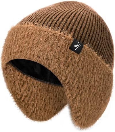 Black Winter Knit Sherpa Beanie Hat w/Earflaps & Fleece Lining