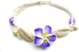 Aloha Passion Hand Made Fimo Clay Plumeria Flower w/CZ Cubic Zirconia & Cowry Cowrie Shell on Hemp Adjustable Bracelet/Anklet