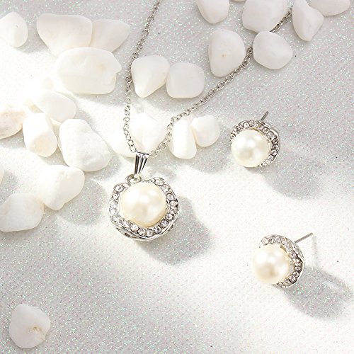 KAVANI 18k Sliver Plated Water Drop Pearl Pendant Necklace Earrings Set Jewelry Set for Women