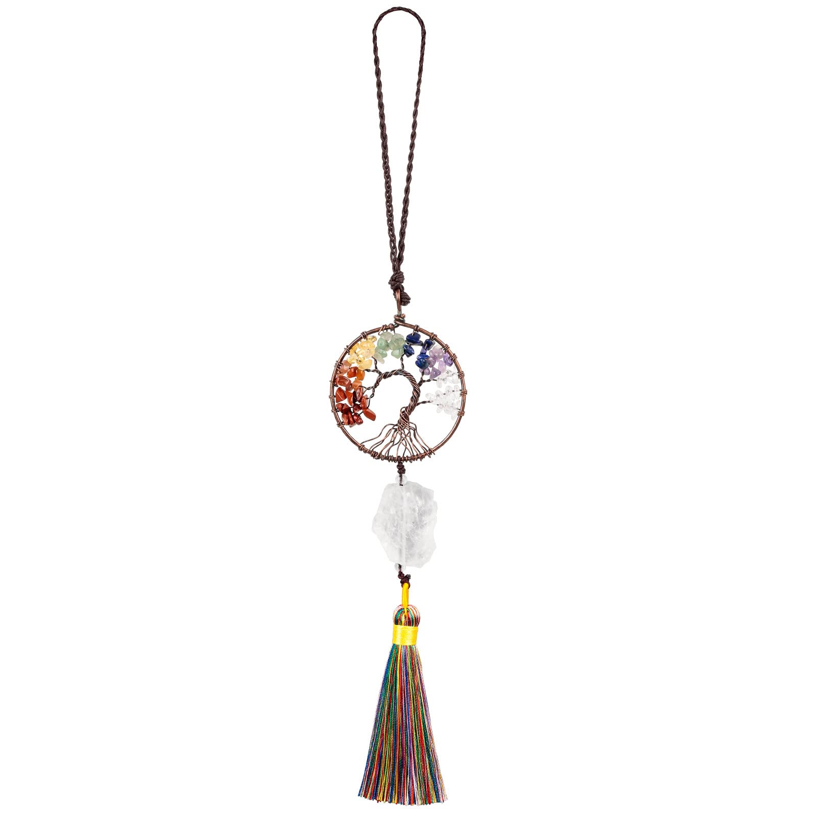 Nupuyai Rock Crystal Tree of Life Tassel Hanging Ornament, Reiki Healing Irregular Raw Stone Feng Shui Crystals Good Luck Car Home Office Decor