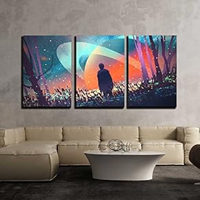3 Piece Canvas Wall Art - Man Standing Alone in Forest with Fictional Planets Background,Illustration - Modern Home Art Stretched and Framed Ready to Hang - 16"x24"x3 Panels
