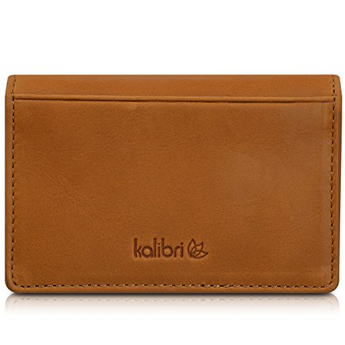 kalibri Leather Business Card Holder - Real Leather Wallet Case for Business Cards, Credit Cards, Bank Cards and More - Holds up to 60 Cards - Cognac