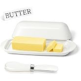 Lynnsen BPA-Free Melamine Butter Dish with Lid &amp; Stainless Steel Knife - Farmhouse Butter Keeper for Countertop &amp; Refrigerator Door Shelf, Dishwasher Safe,Holds 1 Stick with East &amp; West Butter-White