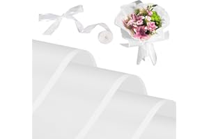 Kosotody 20 Sheets Frosted Flower Wrapping Paper White Line Waterproof Florist Bouquet with Ribbon for Bouquets DIY Crafts Packaging Bouquet, 22.8x22.8 inch (White)