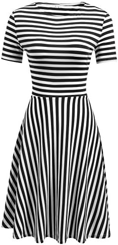 Womens Casual Striped Flare A-Line Summer Dress - Ladies O-Neck Short Sleeve Knee Lenth Swing Midi Dress