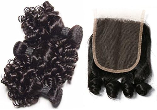 Funmi Hair Tip Loose Double Drawn Lace Closure With 3 Bundles Peruvian Virgin Human Hair Extensions Natural Color Bouncy Curly Weave -18 18 18+14inch