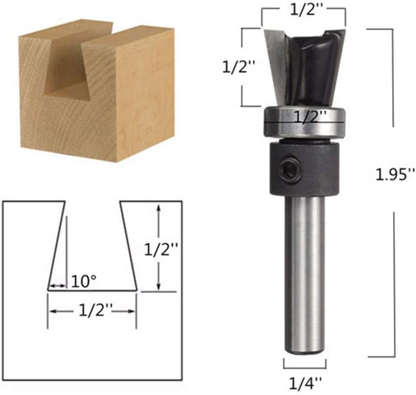 Doolland 1/4 Inch Shank 10 Degree Carbide Dovetail Joint Router Bit with Bearing Woodworking Cutter