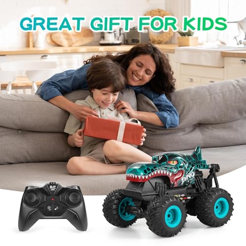 Uniiking® Remote Control Monster Car, 2.4Ghz All Terrain Dinosaur Monster Truck Toys, RC Truck with Music, 3 Lighting Effects, 360 Stunt Capable, Toy Gifts for Boys and Girls (Cyan)