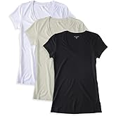 Mott & Bow 3 Pack Women's Fitted V-Neck T-Shirt, S Vintage White, White and Black
