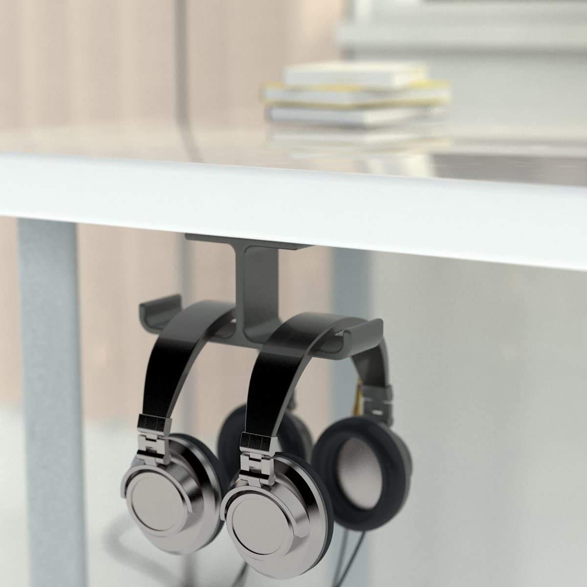 OLRWSLG Headphones Holder Under Desk Headphone Hanger Stick-On Gaming Headset Holder Dual Headphone Holder Mobile Headsets Hanger for Headphones for Headphones (Black)
