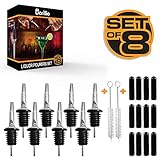 8 Elite Liquor Pourers + 12 Long Dust Caps Covers + Cleaning Brush by BARILLIO - Premium Set of Free Flow Stainless Steel Speed Bottle Pour Spouts & Plastic Covers