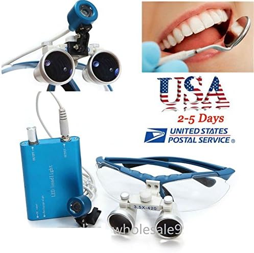 Apkcare® Portable Ultra Light Weight Dental Glasses Binocular Loupes Magnifier Zoom 3.5x420 + LED Head Light Lamp for Dental Surgical Medical Binocular Loupes (Blue)