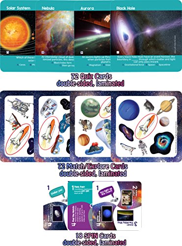 QURIOUS SPACE - 4 fast & fun STEM space card games! Explore, Match, Quiz & Spin throughout the Universe! 90 double-sided, full color play cards. Ages 3+