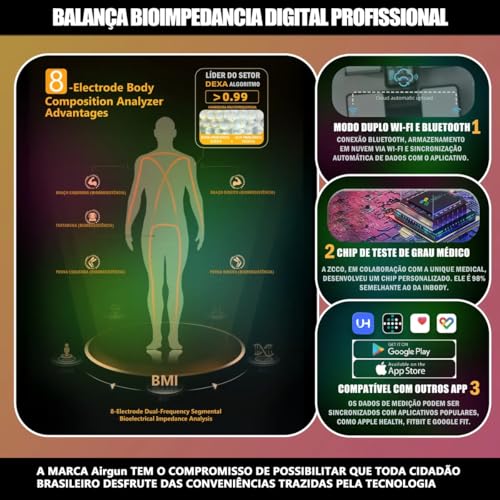 Balança Bioimpedância Digital 8 Eletrodos Smart App+tela Tft monitoramento preciso dos dados corporais diários