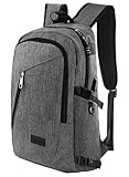 Mancro Business Water Resistant Polyester Laptop Backpack with USB Charging Port and Lock Fits Under 17-Inch Laptop and Notebook, Grey (Wireless Phone Accessory)