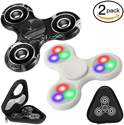 Fidget Spinner, 2 Pack, Glowing Bule &amp; Green &amp; Red Led Light Smooth &amp; Quiet &amp; Fast &amp; Balanced Ceramic Bearing Fidget Spinner, Passed Drop Test for ADD, ADHD, Stress Relief (Glow White and Ghost Black)