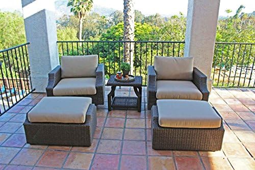 Sunset 5 Piece All Weather Wicker Swivel Club Chair Set, Brown Double Wicker with 5" Thick Sunbrella Cushions Measures 34.8"w X 35.6"d X 28.5"h (Sunbrella Heather Beige)