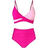 Amy Babe Women's High Waisted Bikini Sets Push Up Twist Front Spaghetti Straps Ruched Two Piece Swimsuit Bathing Suit