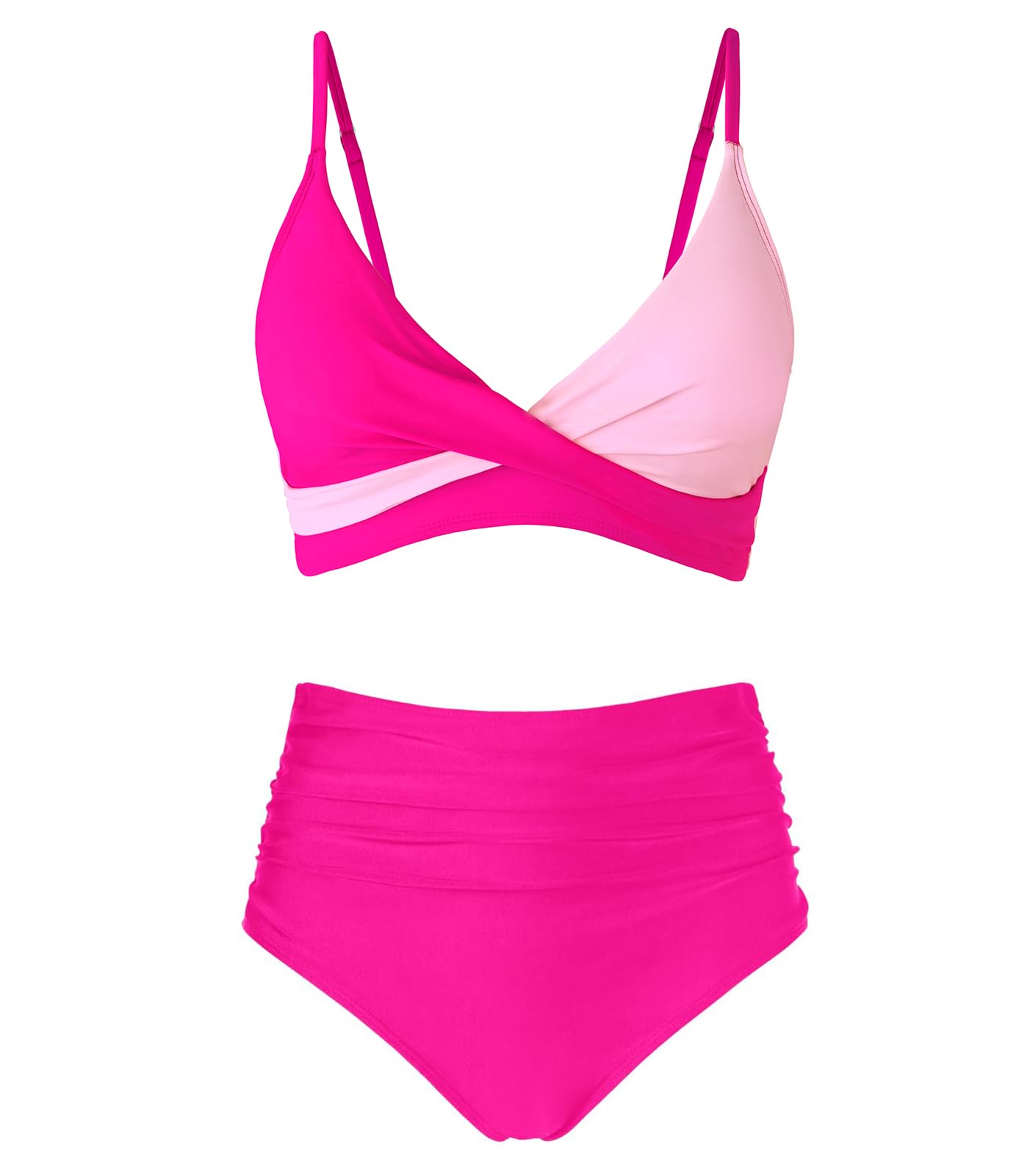 Photo 1 of **ONLY BIKINI**Amy Babe Women's High Waisted Bikini Sets Push Up Twist Front Spaghetti Straps Ruched Two Piece Swimsuit Bathing Suit Rose Pink