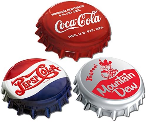 Soda Bottle Cap Look Metal Sign Set Coke Pepsi Mountain Dew