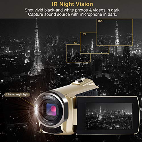 Video Camera Camcorder WiFi FHD 1080P 30FPS 24MP Infrared Night Vision YouTube Vlogging Camera Recorder 3.0 Inch 270 Degree Rotation Touch Screen 16X Digital Zoom Camcorder with 2 Batteries