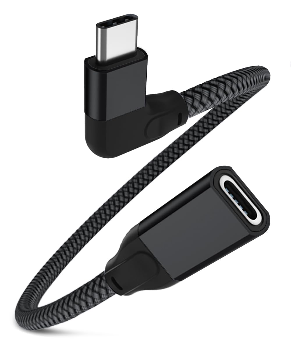 RUXELY Right Angle USB C Extension Cable 0.2M,90 Degree 10Gbps Type C 3.1 3.2 Gen2 Female to Male Extender Short Cord,L-Shape Thunderbolt 3 Lead for iPhone 17e 16 15 Pro,Mac,Nintendo Switch,Surface Go