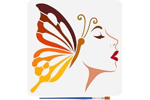 FINGERINSPIRE Butterfly Woman Stencils with a Brush 11.8x11.8Inch Lady Face Silhouette Painting Stencils Reusable PET Butterfly Pattern Decoration Template for Painting on Wood Wall Floor Furniture