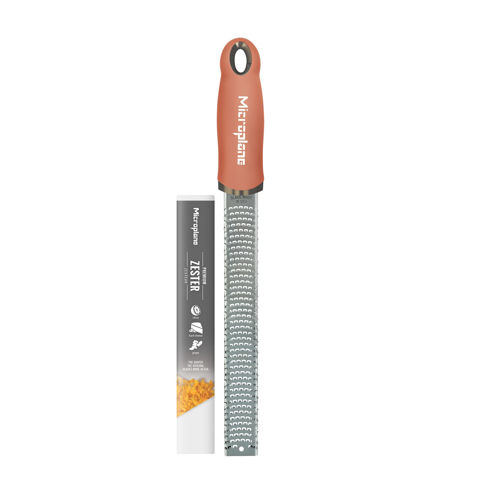 Microplane Zester Grater in Cinnamon Orange for Citrus Fruits, Hard Cheese, Ginger, Chocolate and Nutmeg with Fine Stainless Steel Blade - Made in USA