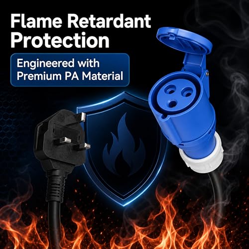 Powered EV 13A UK Plug to CEE Blue 32A 3-Pin Adapter Cable (50cm) - Heavy Duty EV Charger13A to 16A/32A Converter, IP44 Waterproof For EV Home Chargers, Caravan & Motorhomes, Camping & Industrial Use.