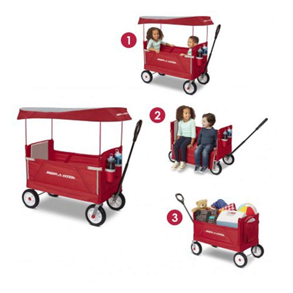 Stroller Wagon for Kids, Baby Stroller, Outside Toys for Toddlers 1-3, Rolling Cart, Beach Cart, Radio Flyer 3-in-1 Off-Road EZ Fold Wagon with Canopy, Red, Foldable, for Ages 1.5+ Years