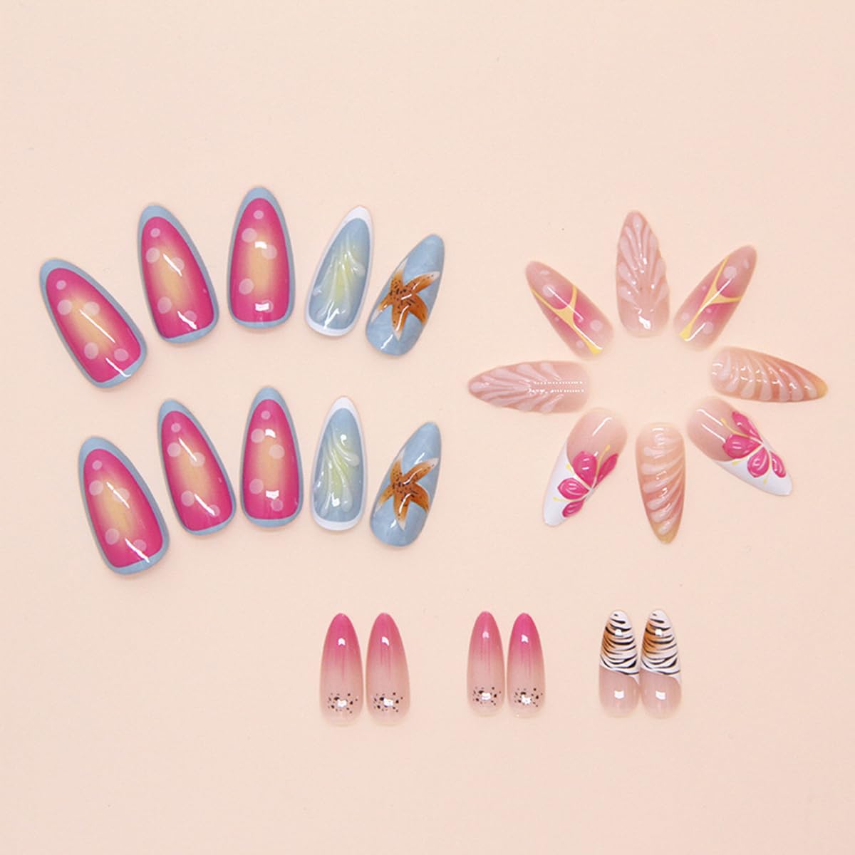 Summer Press on Nails Medium Almond Fake Nails 3D Mermaid False Nails Vacation Nails Press ons with Floral Starfish Designs Reusable Acrylic Nails Full Cover Stick on Nails for Women Manicure 24Pcs - Image 4